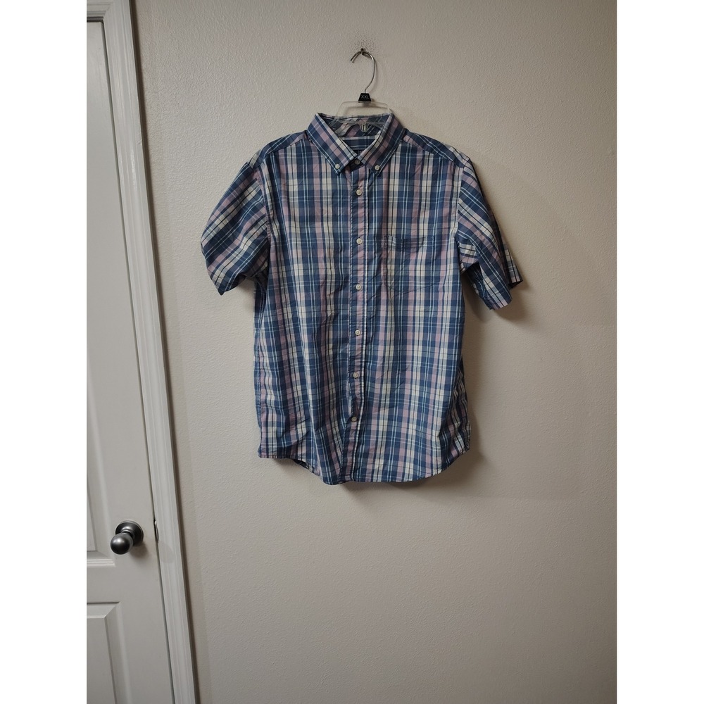 George Mens Classic Fit Plaid Button Down Shirt Blue Pink Short Sleeve Large